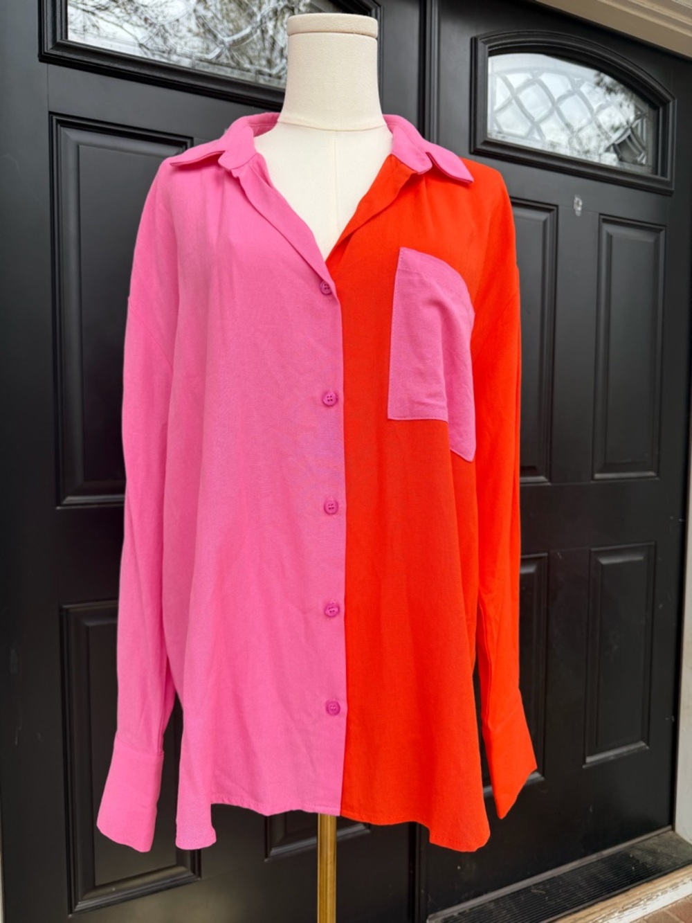 Two-Tone Pink and Red Button-Up Shirt
